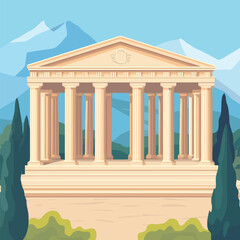  A flat 2D vector of a grand classical Greek temple with marble columns.