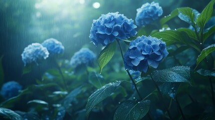 Blue hydrangeas in a misty garden, soft raindrops on the petals, generative ai