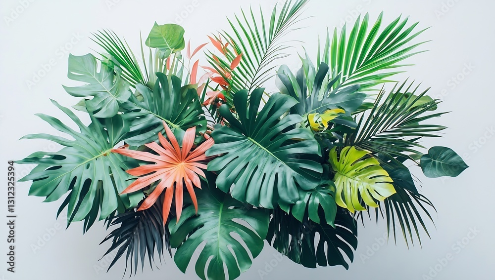 Poster lush tropical foliage composition with various vibrant leaves creating a stunning natural display : 