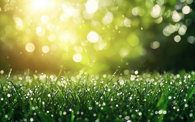 Obraz premium Spring 3d background minimalistic mockup with space for text, fresh dewdrops on grass with morning sunlight background