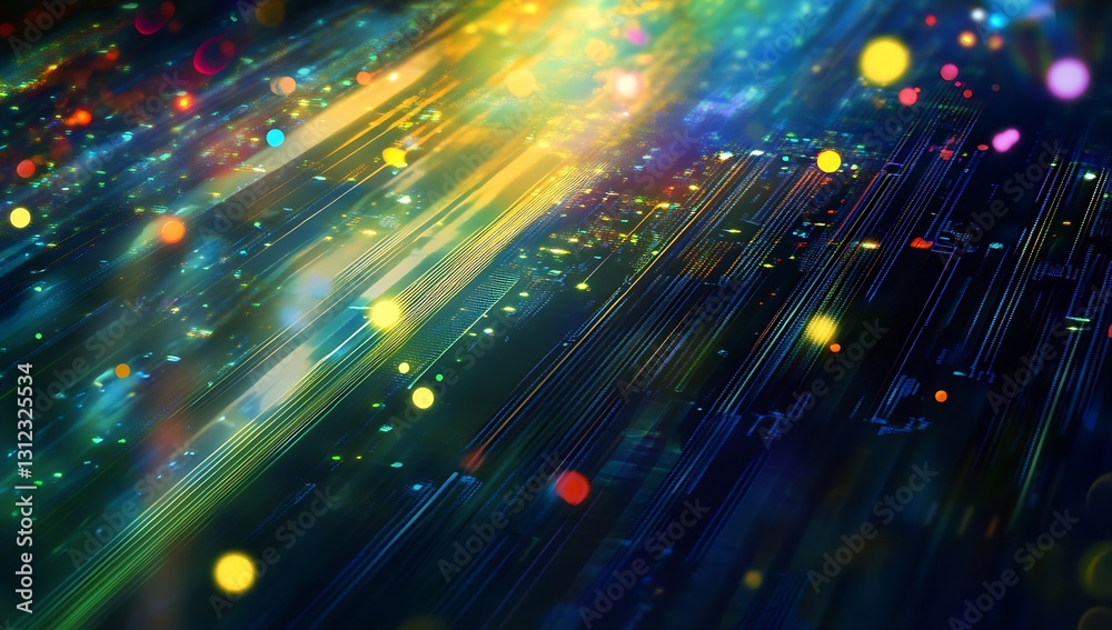 Poster vibrant abstract digital background with colorful bright streaks and glowing orbs of light : generat