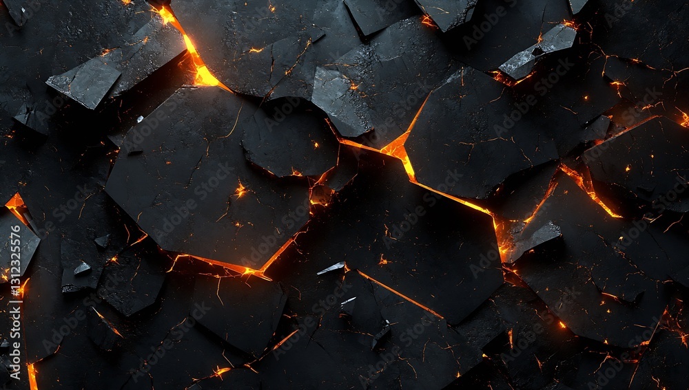 Poster Dark Cracked Surface with Glowing Lava Cracks Illuminating the Textured Background : Generative AI