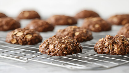 Fototapeta premium Flourless no bake peanut butter and oatmeal chocolate cookies on a cooling rack