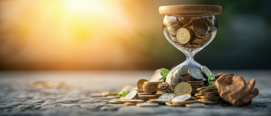 An intricate hourglass filled with glimmering coins depicting the relationship between time and financial prosperity in an artistic way