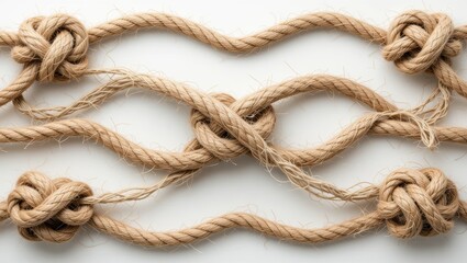 Intricate Arrangement of Natural Rope Knots Creating Abstract Patterns on a Light Background