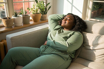Obraz premium plump african-american woman in green long-sleeved top toprelaxing on a couch