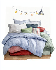 serene watercolor of snug bedroom with layered bedding and glowing lights , Hygge lifestyle