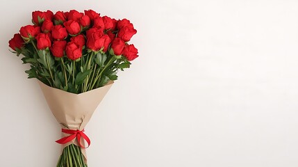 Red Roses Bouquet, Brown Paper Wrap, Tied Ribbon, Centered, Empty background; Valentine's, Floral shops