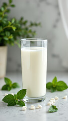 A glass of milk on a countertop with herbs and cocoa nibs beside it.