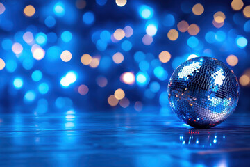 Shimmering disco ball reflecting vibrant blue lights in lively atmosphere