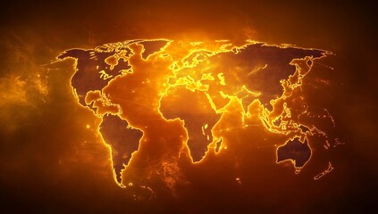 Stunning fiery illustration of the world map glowing in orange with abstract effects and textures : Generative AI
