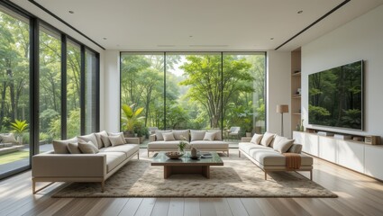Obraz premium Spacious Modern Living Room with Large Windows Offering Views of Greenery and Natural Light