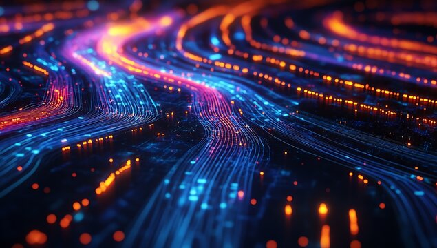 Vibrant abstract digital landscape with glowing lines creating a mesmerizing flow of colors and lights : Generative AI