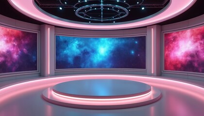 TV news virtual studio background. Modern 3D rendering backdrop suitable for VR tracking system stage sets, online shows, live events, conference, product presentations interviews. Elegant design
