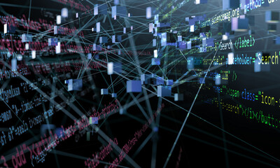Concepto de ciencia y tecnología. Programación y código.Fondo abstracto de sistema de red y datos. Estructura y conexión.