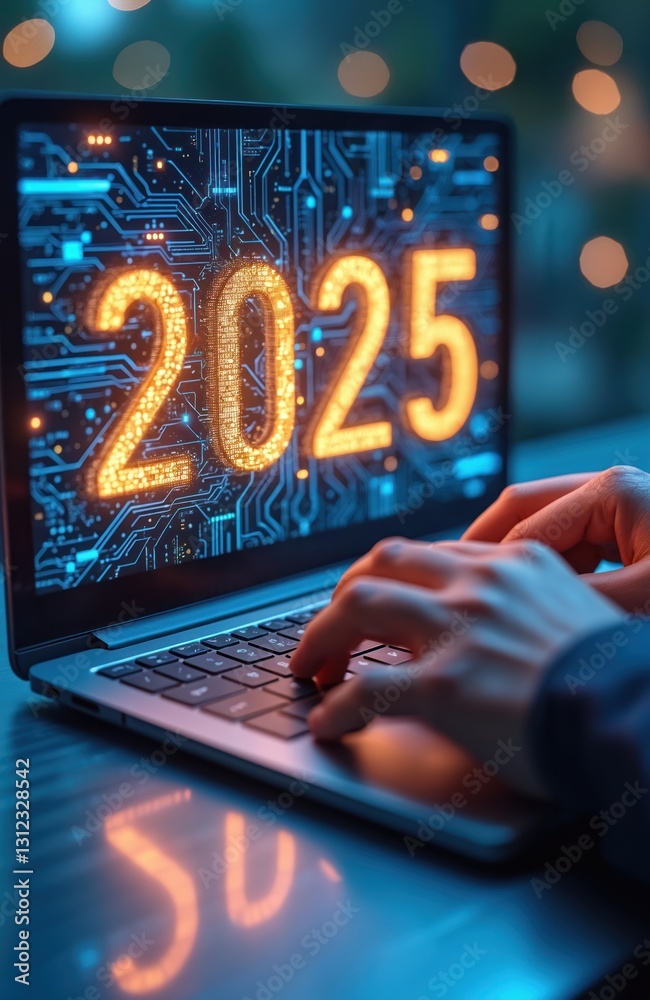 Aufkleber futuristic 3d render of number 2025 on laptop screen, hand typing keyboard digital age, technologica
