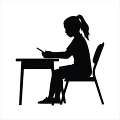 Girls under 16 in a classroom setting studying. Young Girl using smart phone. silhouette design element.