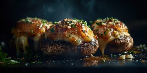 Stuffed mushrooms with cheese, garlic, and herbs baked to perfection on a dark background