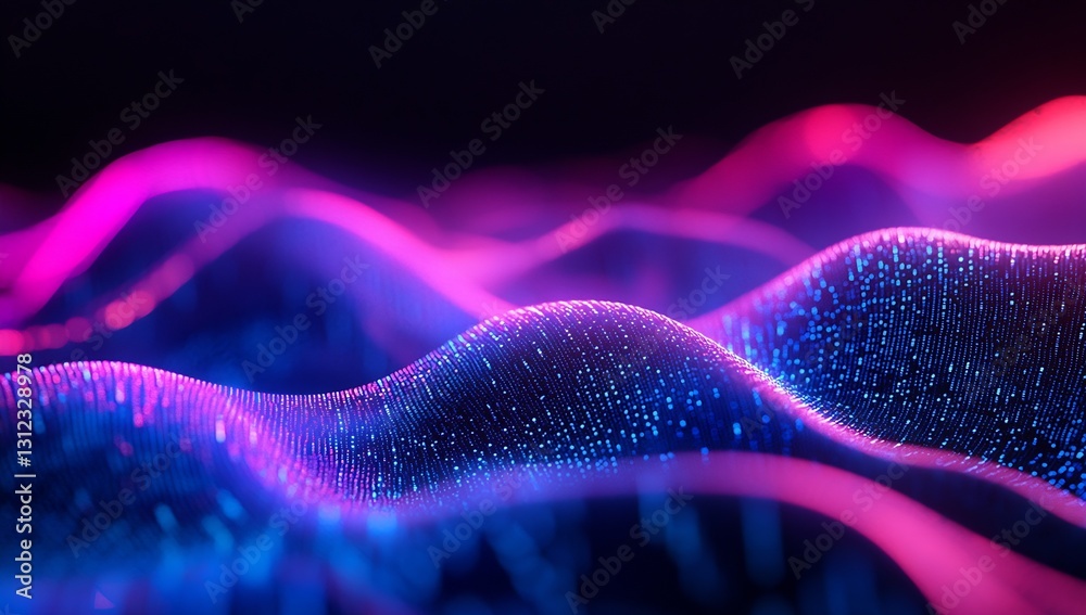 Poster Stunning abstract waves with glowing particles in vibrant neon colors creating a mesmerizing digital landscape : Generative AI