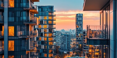 Stylish residential complex at dusk, glowing city atmosphere