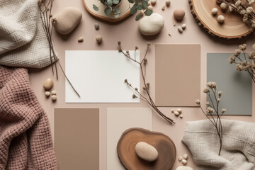 flatlay of earth tone palettes with soft blankets dried plants and stones