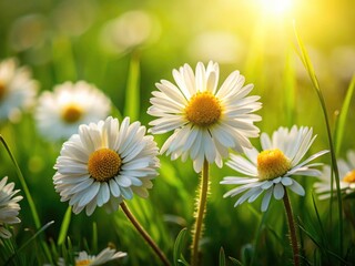Obraz premium Minimalist White & Yellow Daisy Flowers Meadow, Spring Bloom, Green Grass, Nature Photography