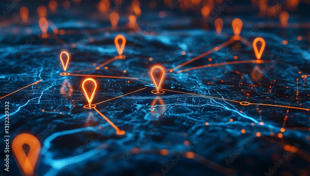 Poster Close-Up View of Digital Map with Navigation Pins Indicating Key Locations in a Network : Generative AI