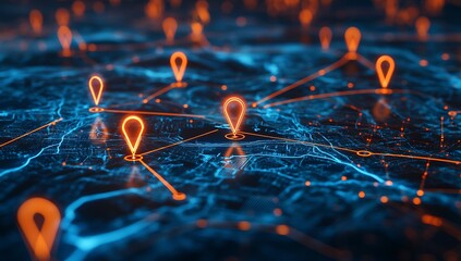 Close-Up View of Digital Map with Navigation Pins Indicating Key Locations in a Network : Generative AI
