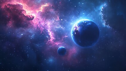 Fototapeta premium Expansive cosmic landscape with vibrant galaxies and planets set against the starry sky : Generative AI