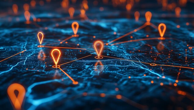 Close-Up View of Digital Map with Navigation Pins Indicating Key Locations in a Network : Generative AI