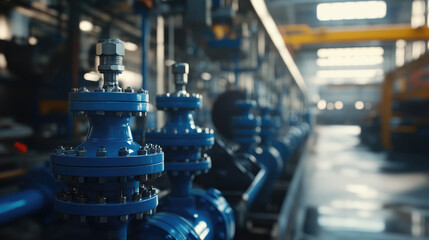 Fototapeta premium Industrial Blue Pipe Valves Close-up of Factory Machinery and Equipment
