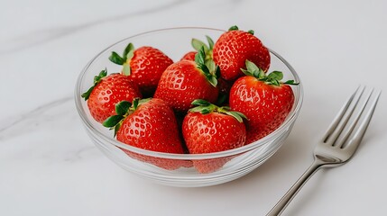 Red strawberries in bowl with fork on marble counter for recipe, nutrition, advertising use