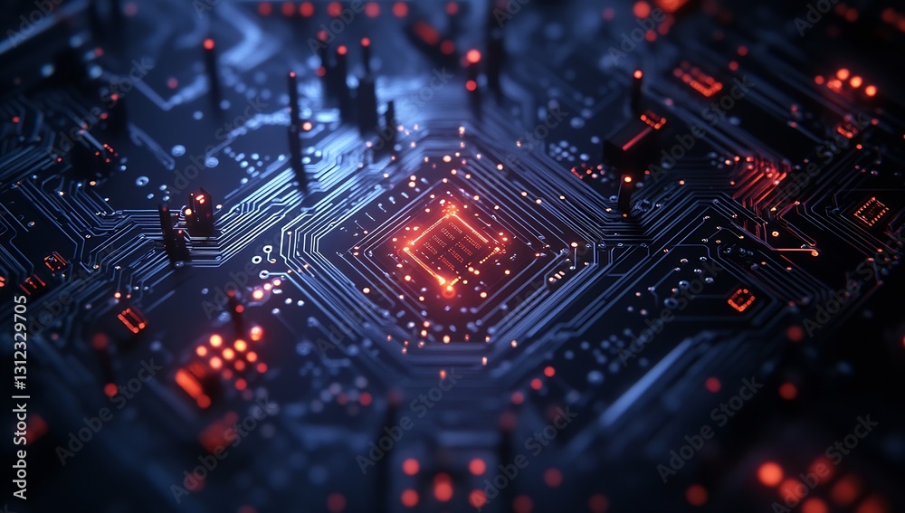 Poster Futuristic close-up view of a circuit board featuring complex patterns illuminated by vibrant red and blue lights : Generative AI