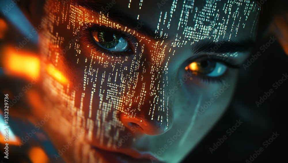 Poster Stunning representation of a face illuminated with glowing digital patterns and intricate eye details : Generative AI