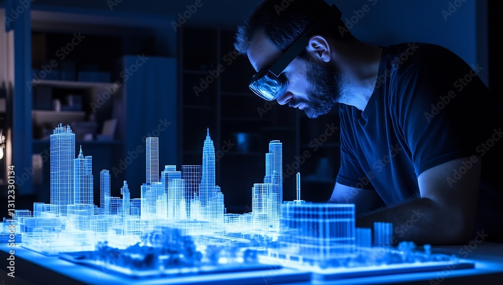 Poster focused architect analyzing a detailed 3d city model through augmented reality technology at night :
