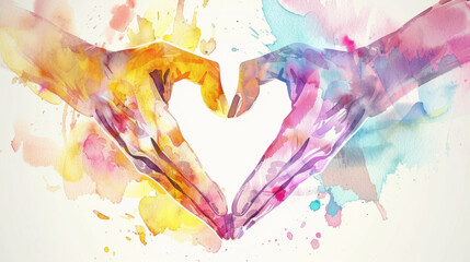 watercolor illustration of colorful hands forming a heart