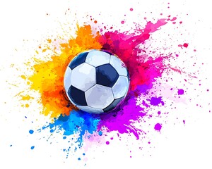 A soccer ball surrounded by colorful paint splashes against white background