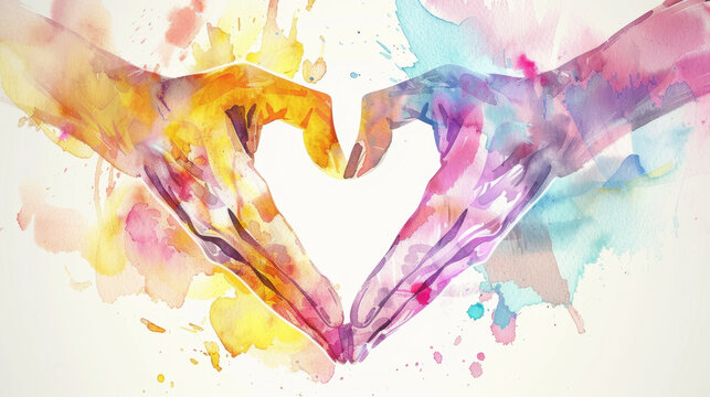 watercolor illustration of colorful hands forming a heart