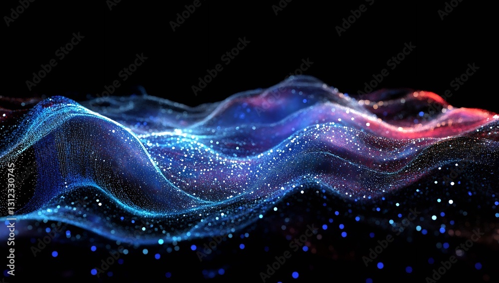 Poster Enchanting waves of light in a continuous flow filled with shimmering particles creating a dreamlike digital landscape : Generative AI