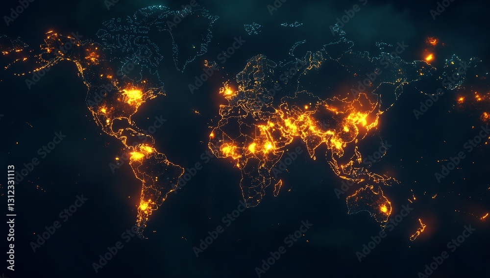 Poster Dynamic World Map Emitting Fiery Lights Representing Global Activity and Connectivity : Generative AI
