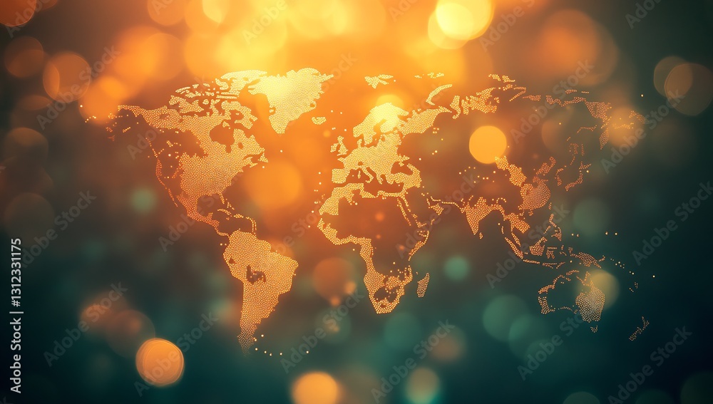 Poster Artistic portrayal of global map with soft golden lights symbolizing connections between nations : Generative AI