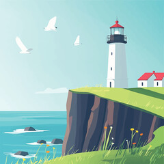  A flat 2D vector of a lighthouse standing tall on a coastal cliff.