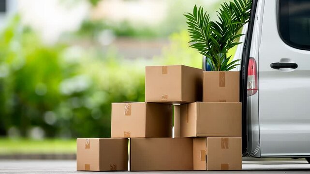 Cardboard boxes stacked neatly inside last-mile delivery van, filling cargo space with packaged goods ready for distribution video 4k