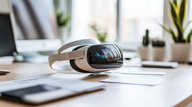 Modern workspace featuring a virtual reality headset on a desk with plants and documents in the background