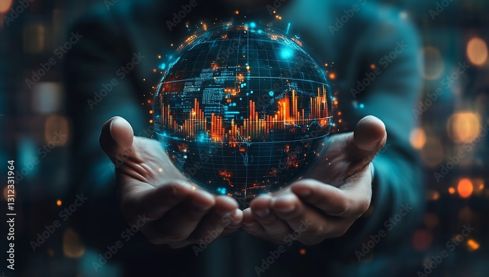 Poster Individual Presenting A Technological Globe With Data Visualization And Market Analysis : Generative AI