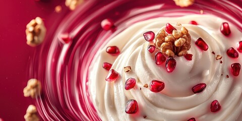 Fototapeta premium Tornado of probiotic yogurt with pomegranate seeds and walnuts spiraling in mid-air on a deep red background