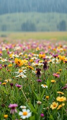 Campo cubierto de flores moradas con gotas de lluvia, naturaleza, campo