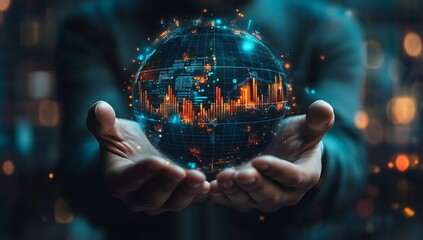 Individual Presenting A Technological Globe With Data Visualization And Market Analysis : Generative AI