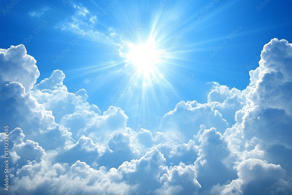 Aufkleber radiant sun shining through fluffy white clouds with a stunning blue sky creating an uplifting atmos
