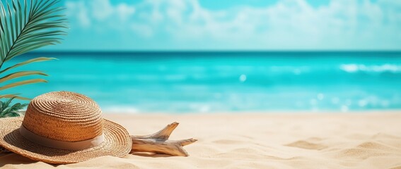 Relaxing Beach Scene with Straw Hat Tropical Coast Photography Sunny Day Tranquil View Vacation Vibe